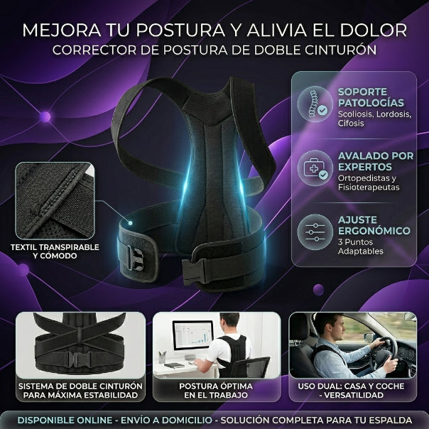 recovefit - corrector postura espalda doble cinturón